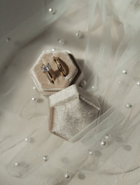 Hexagon velvet ring box with two wedding rings as a modern ring bearer pillow alternative