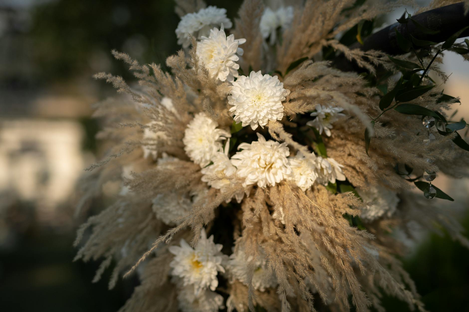 Wedding photo booth backdrop ideas featuring a large boho macrame hanging with pampas grass