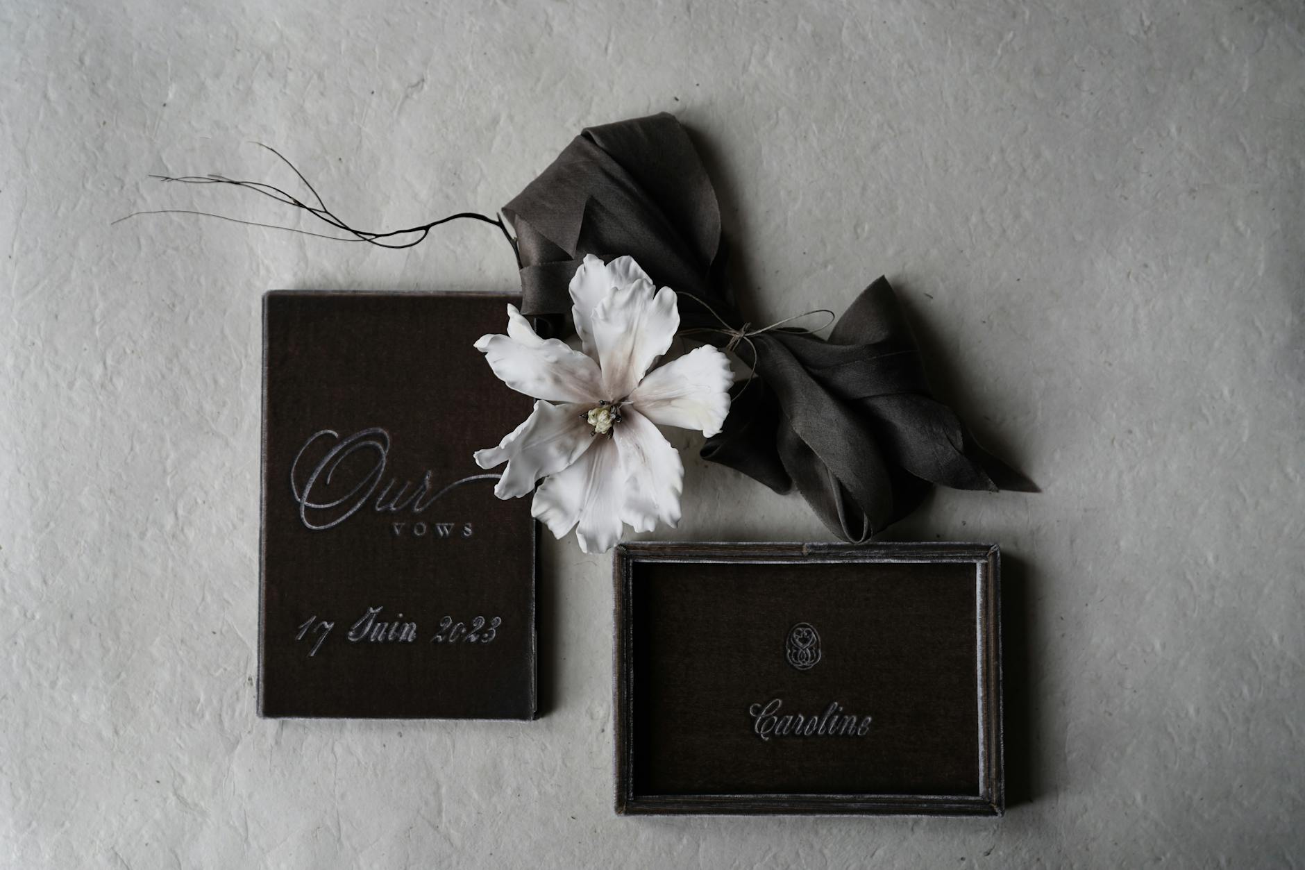 Personalized brown leather wedding vow book with monogram
