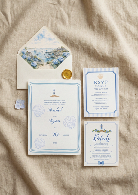 Wedding RSVP card and envelope ready to mail with stamp