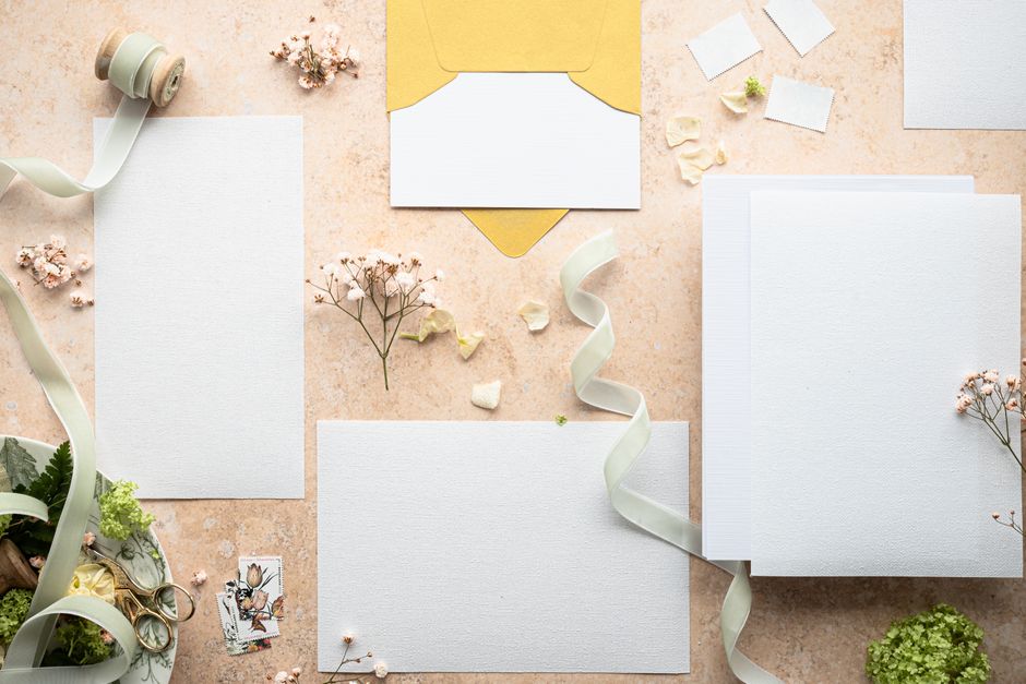 Minimalist floral wedding invitation kit with matching envelopes