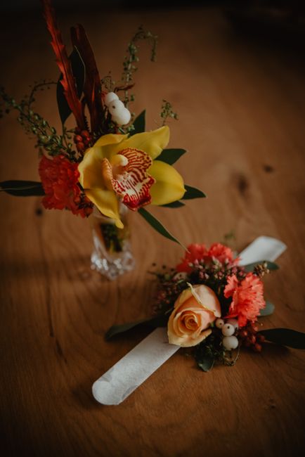 Matching wedding wrist corsage and boutonniere set