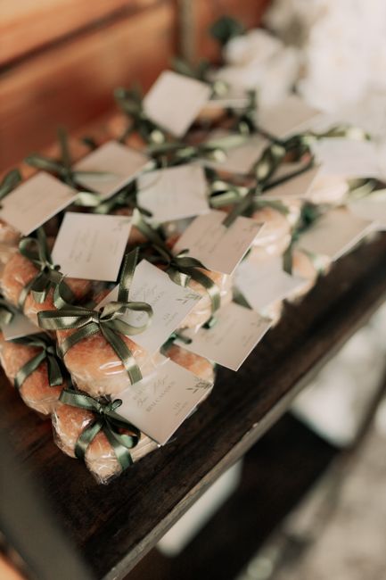 Personalized favor tags with bride's name tied to bridal shower party favors