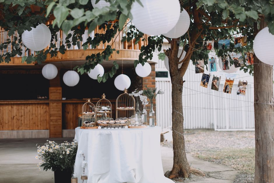 White paper lanterns hanging over a wedding reception