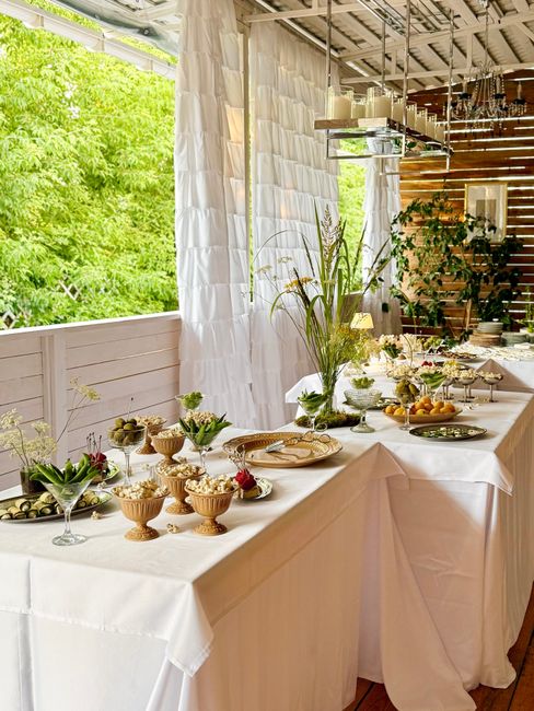 Wedding dessert table layout with floor-length linen and tiered display