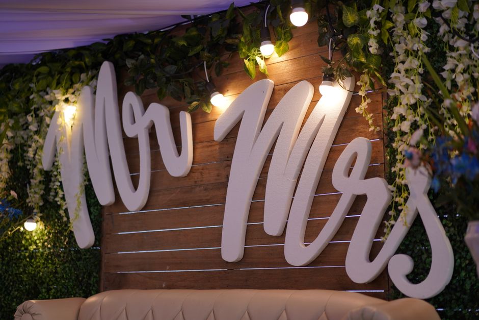 Mr and Mrs chair signs for a wedding sweetheart table